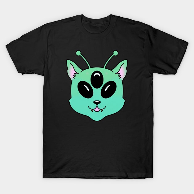 Alien Cat Green Cute Kawaii Animal T-Shirt by Trippycollage